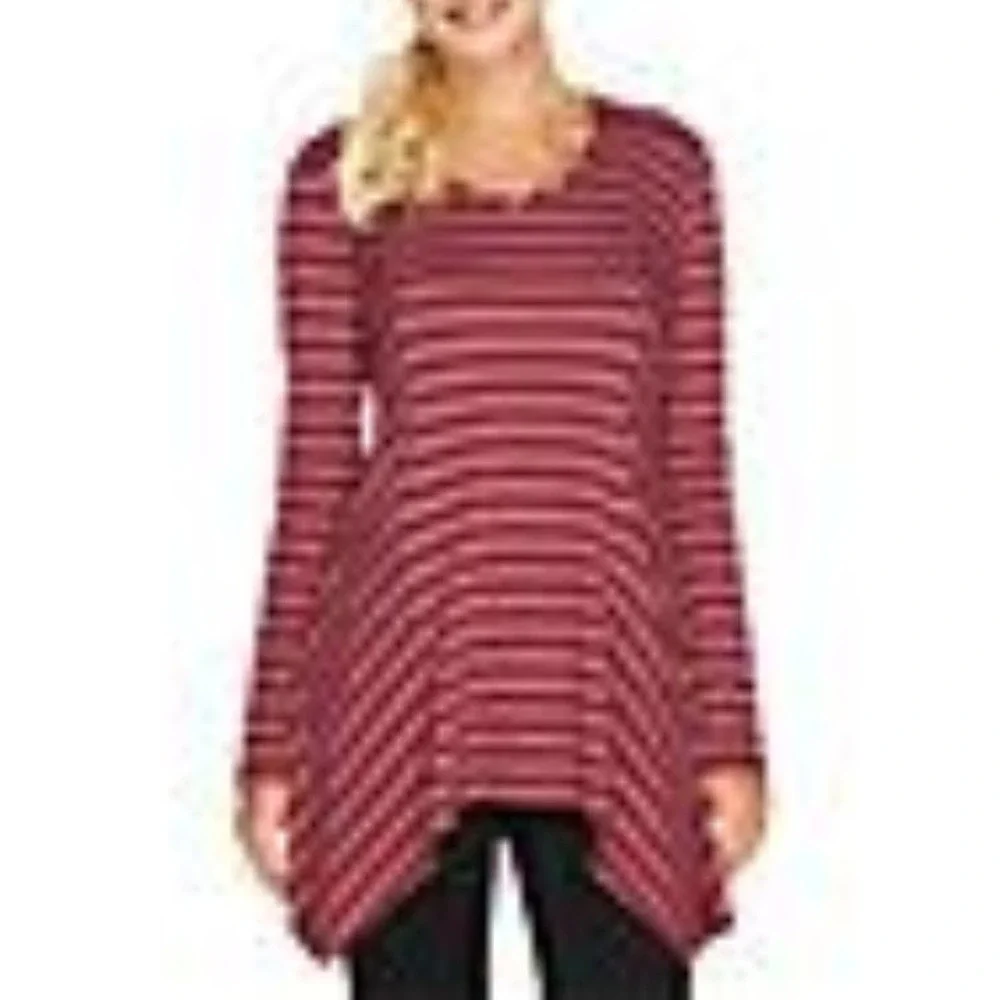 LOGO Lori Goldstein Women's Angle Stripe Knit Asymmetric Hem Long Sleeve Tee XL - Picture 3 of 13